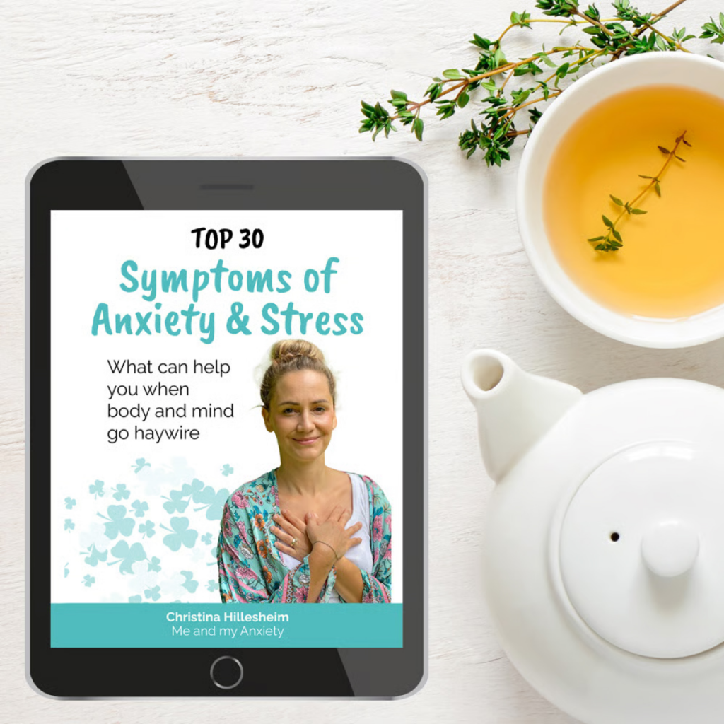 Cover of the "Top 30 Symptoms of Anxiety & Stress" eBook by Christina Hillesheim on a tablet.